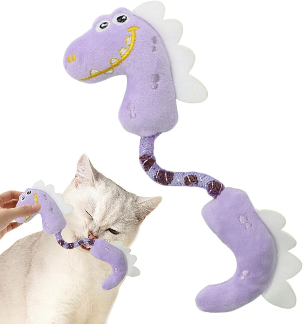 Set of four cat toys including plush fish, bunny, mouse shapes with rope toys and springs