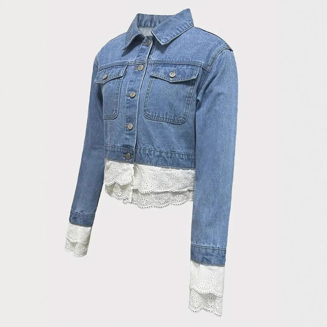 Blue denim jacket with lace stitching decoration, long sleeves, adult lady style