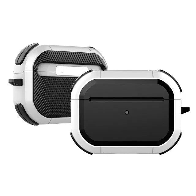 Black TPU and PC protective shell case for Apple AirPods 1, 2 and AirPods Pro charging case.