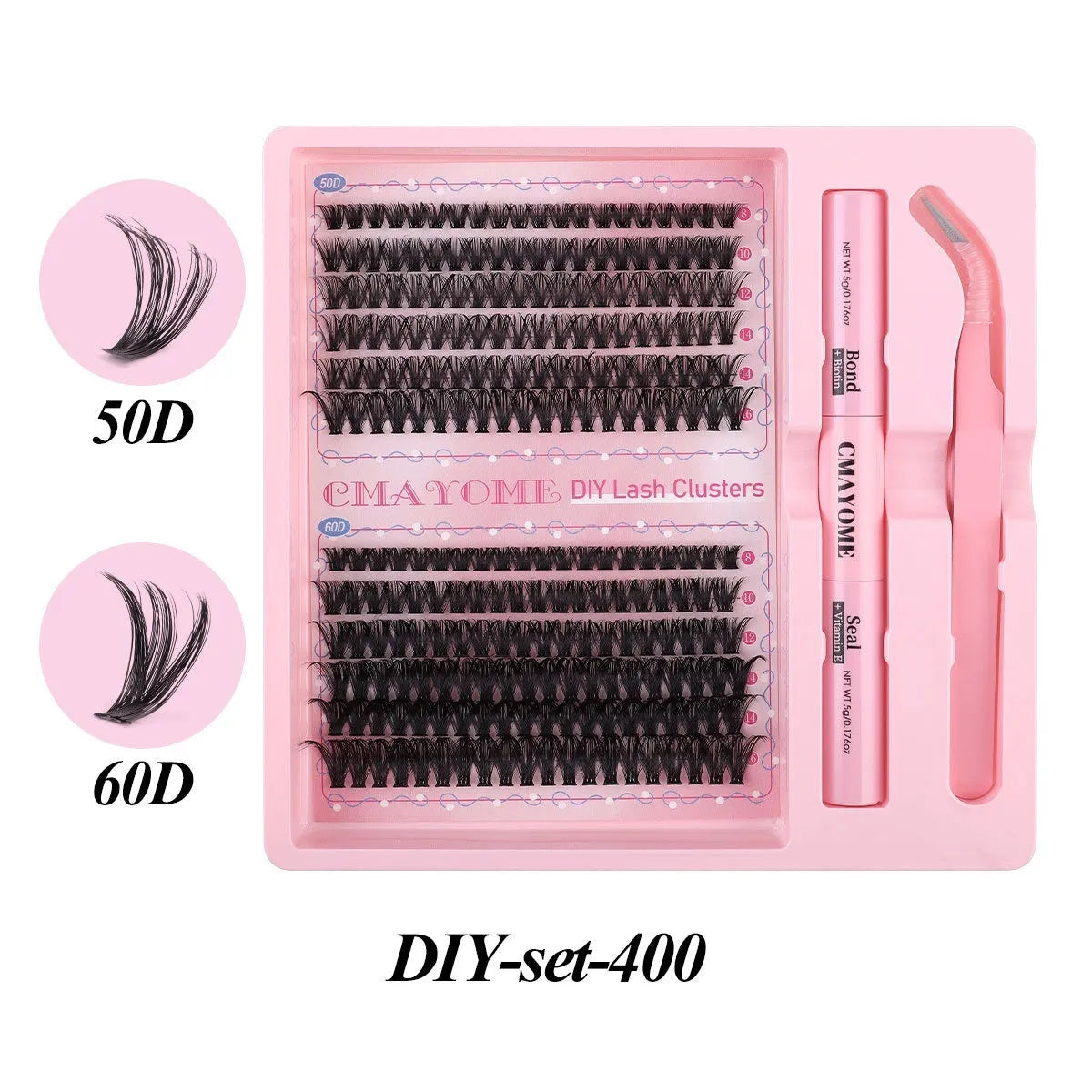 DIY single cluster false eyelashes with artificial fibre construction and applicator tools for custom placement