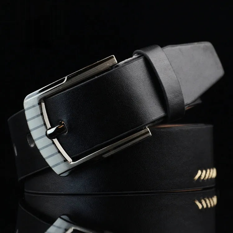 Men's retro styling pin buckle belt in black, brown, and white colour options showing pattern detailing