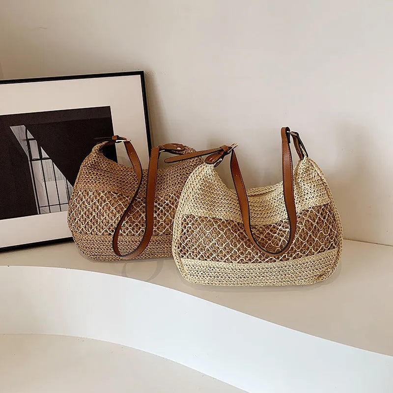 Women's casual straw cross body bag with sandwich pocket in khaki colour
