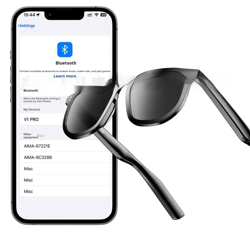 Black AI smart sunglasses with Bluetooth audio and touch controls on the frame.
