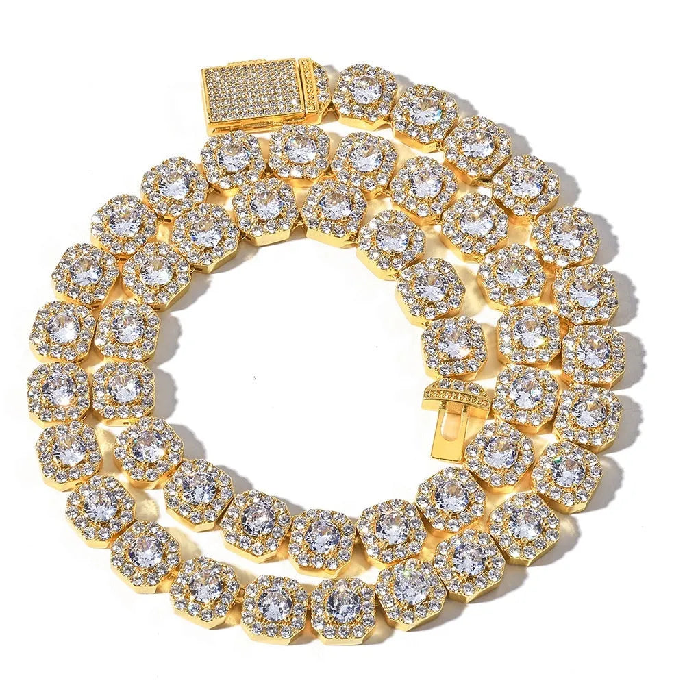 Full diamond men's bracelet in gold finish with rock sugar chain style, 10mm width, on dark background