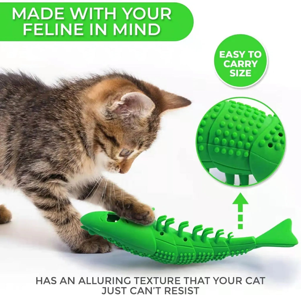 Blue hard rubber cat dental toy with textured teeth cleaning surface