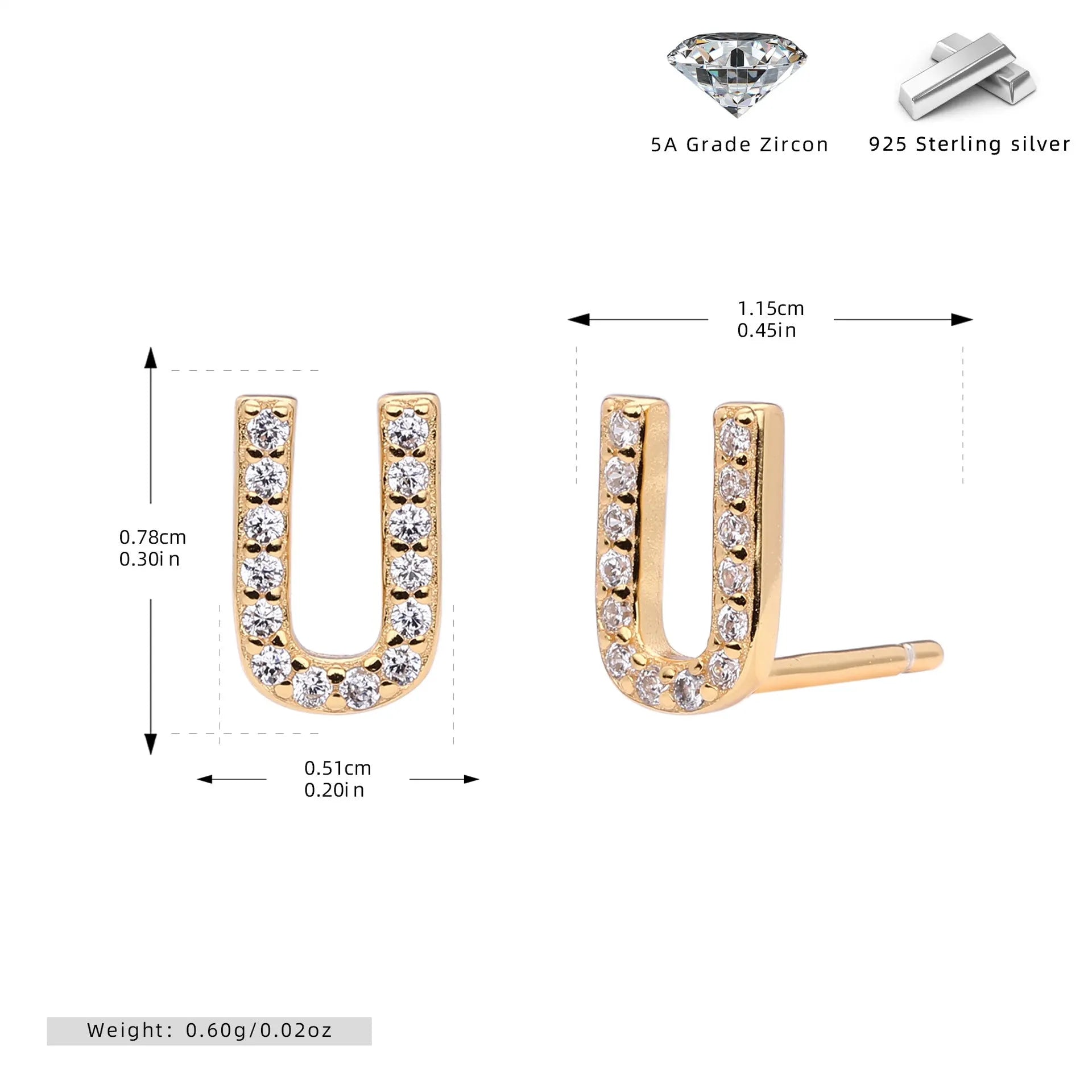 925 silver letter ear stud with electroplated gold finish, alphabet motif