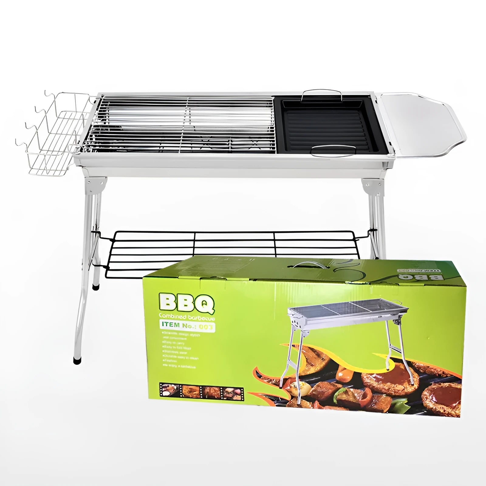 Large stainless steel turnover barbecue oven with charcoal stove and cooking accessories