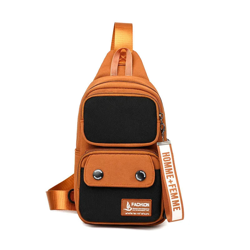Nylon crossbody shoulder bag in black with contrast colour detailing and letter pattern