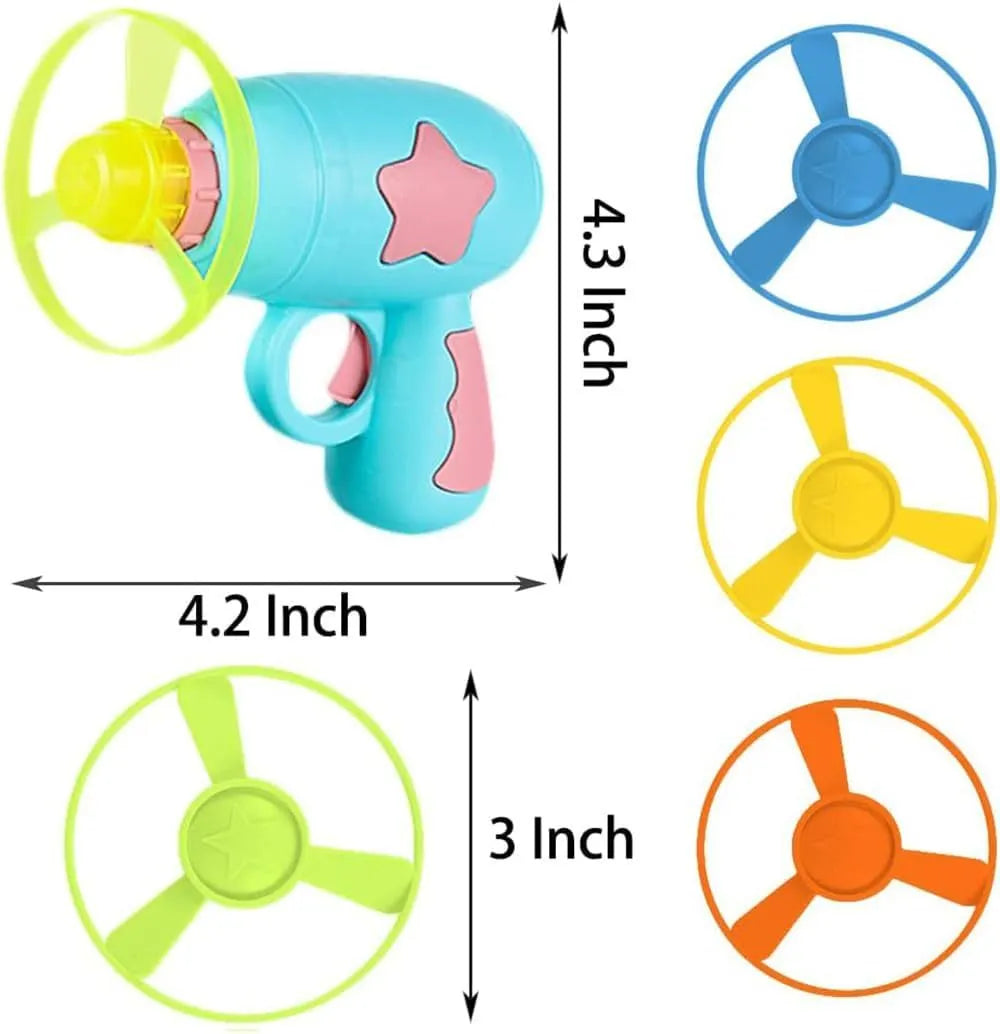 Blue and pink plastic cat toy gun with frisbee measuring 11cm for indoor feline play
