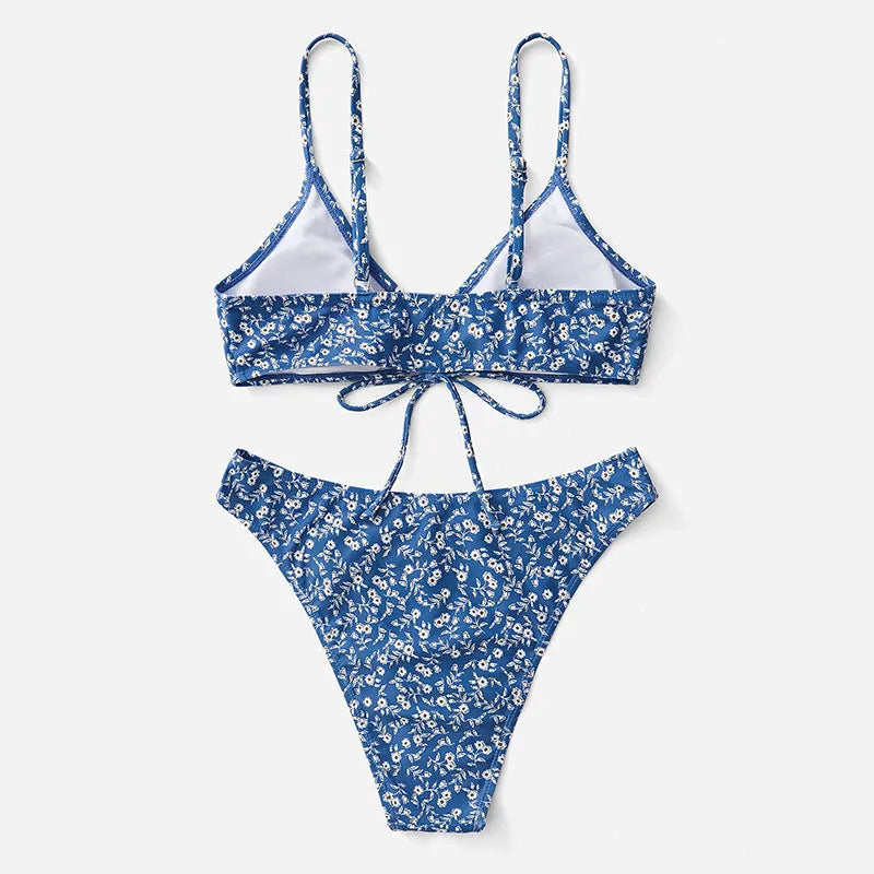 Blue polyester swimsuit three-piece set without steel ring, showing top and shorts