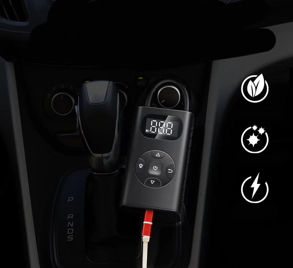 Black rectangular aviation alloy portable tyre inflator with USB cable on a grey background.