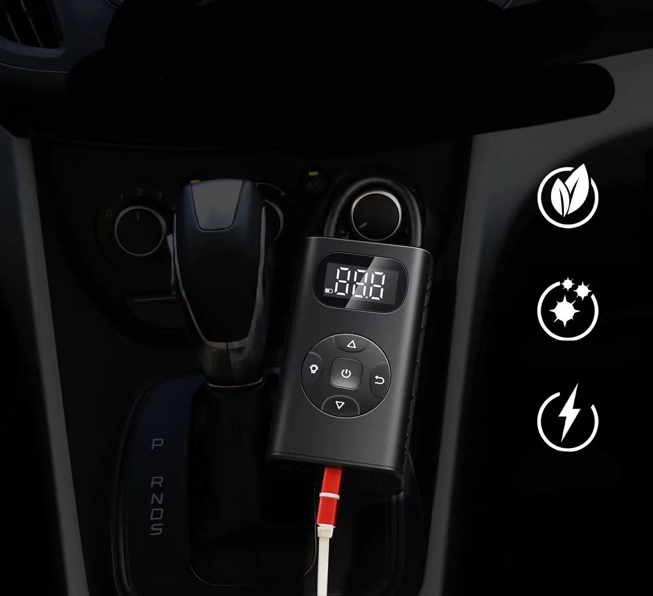 Black rectangular aviation alloy portable tyre inflator with USB cable on a grey background.