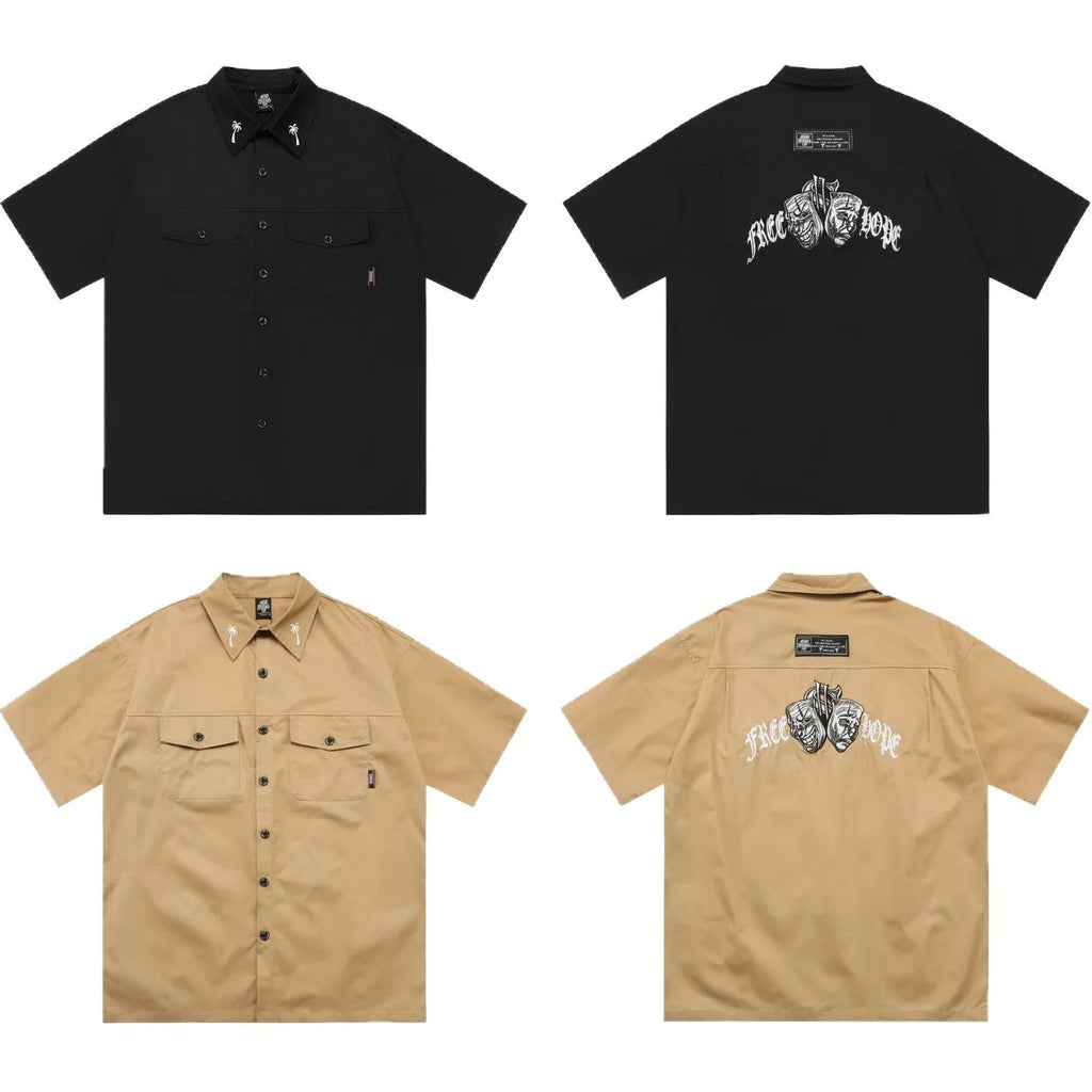 Men's plus size loose fit cotton blend work shirt with embroidered design and half sleeves