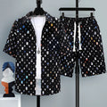 Men's casual polyester shorts two-piece set with short-sleeve top, shown in multiple colours.