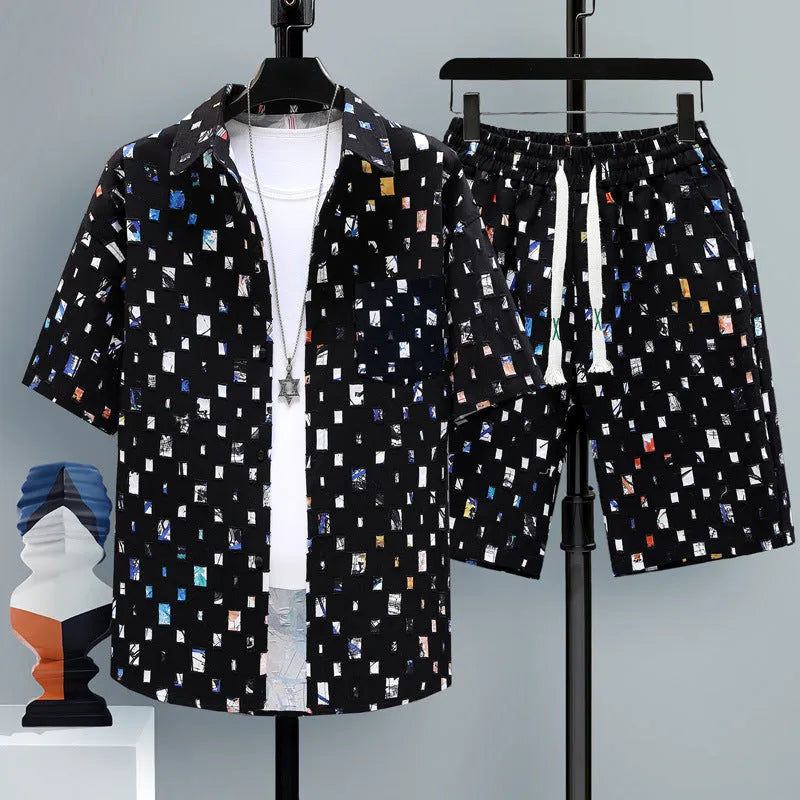 Men's casual polyester shorts two-piece set with short-sleeve top, shown in multiple colours.