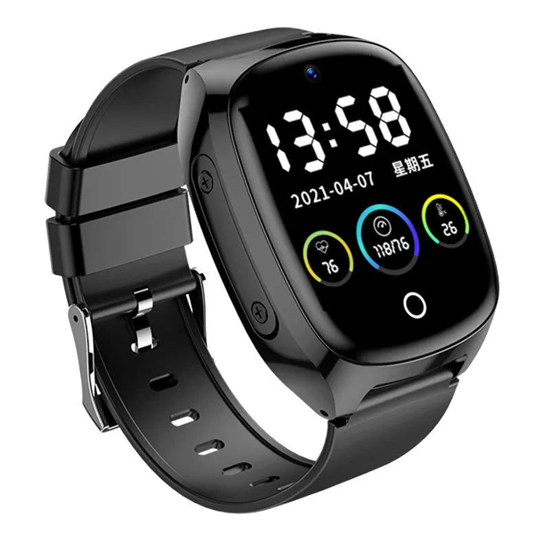Black GPS smartwatch with touch screen displaying heart rate monitor and SOS functions