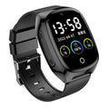 Black GPS smartwatch with touch screen displaying heart rate monitor and SOS functions