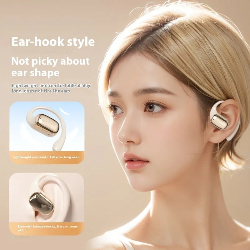 Ear-mounted wireless headphones with digital display in black, skin colour, or white ABS casing