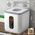 Grey plastic household rice storage jar with a measuring cup, shown in 10kg, 20kg, and 30kg size options.