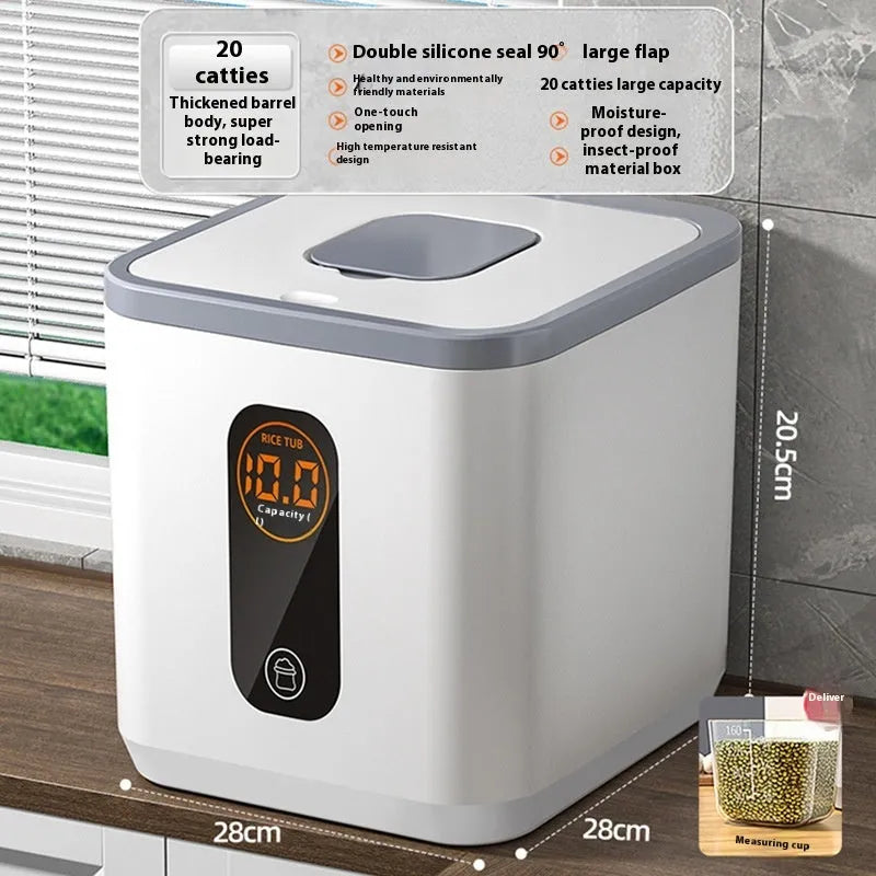 Grey plastic household rice storage jar with a measuring cup, shown in 10kg, 20kg, and 30kg size options.