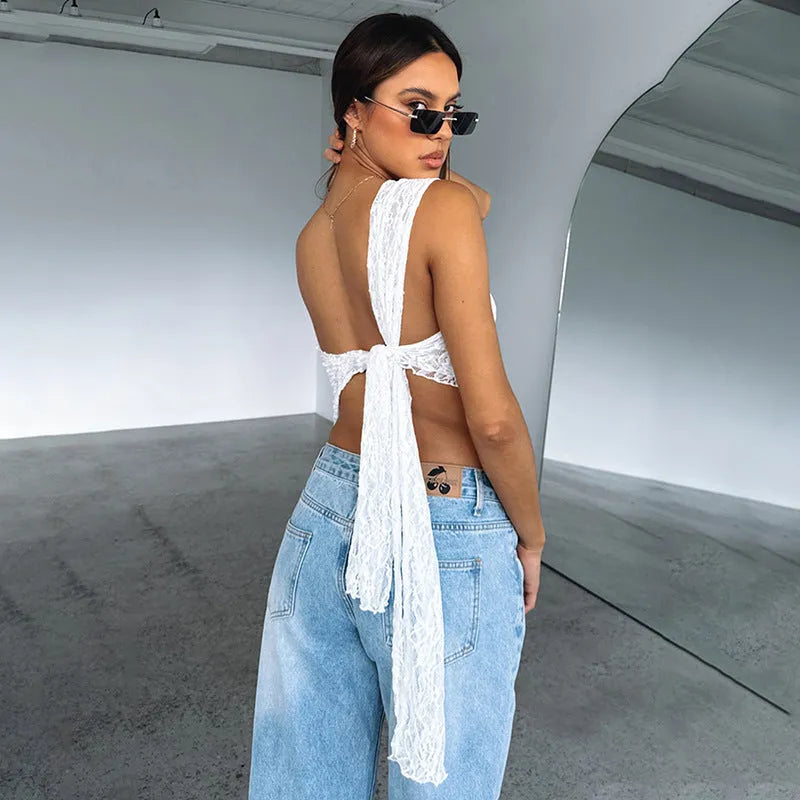 Women's sleeveless lace backless vest top with asymmetrical neckline in solid colour