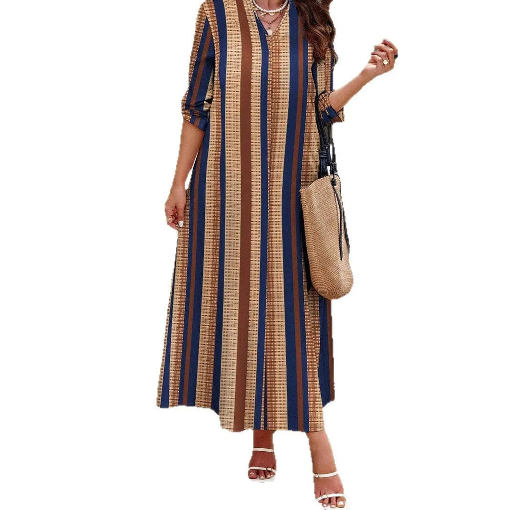 Women's camel coloured vertical striped V-neck knit dress with A-line silhouette and long sleeves