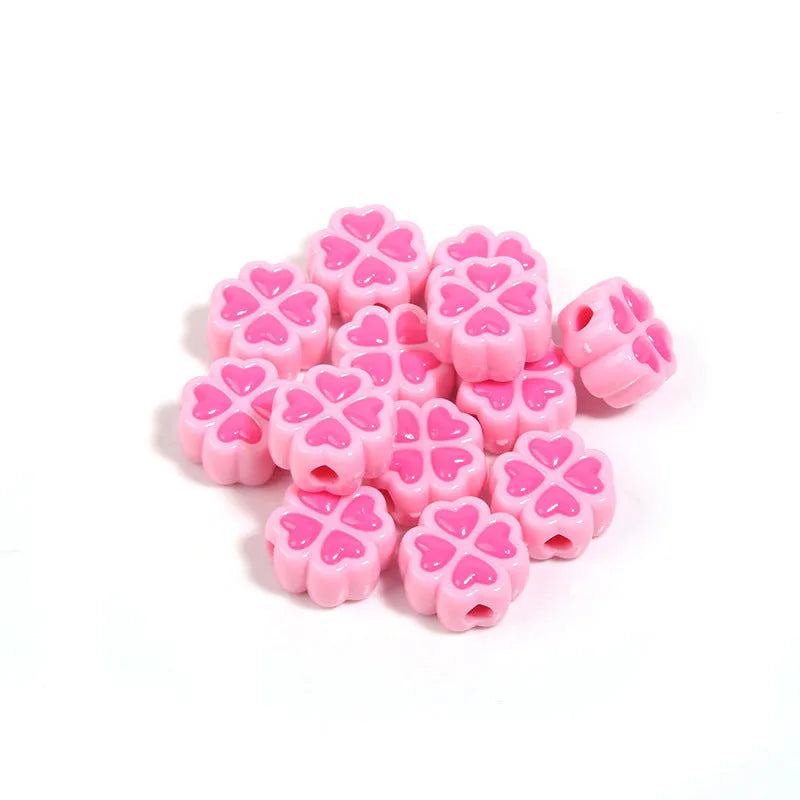 15mm frosted acrylic love clover beads in mixed colours: rose red, pink, yellow, green, blue, purple.