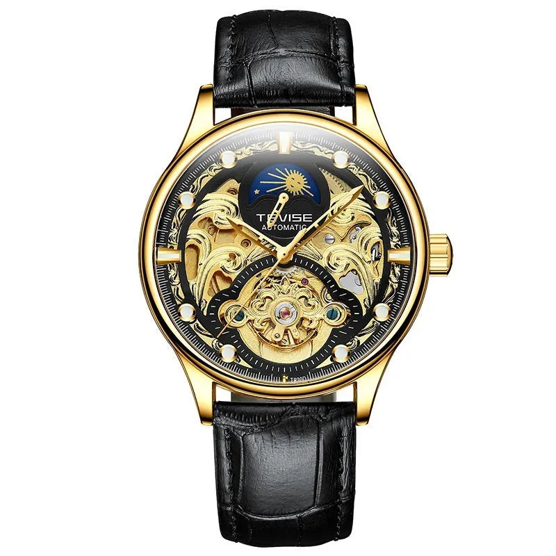 Men's gold leather strap automatic mechanical watch with business styling