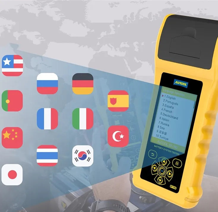 Autool BT760 colour screen vehicle battery tester with red and black clips and printed diagnostic receipt.