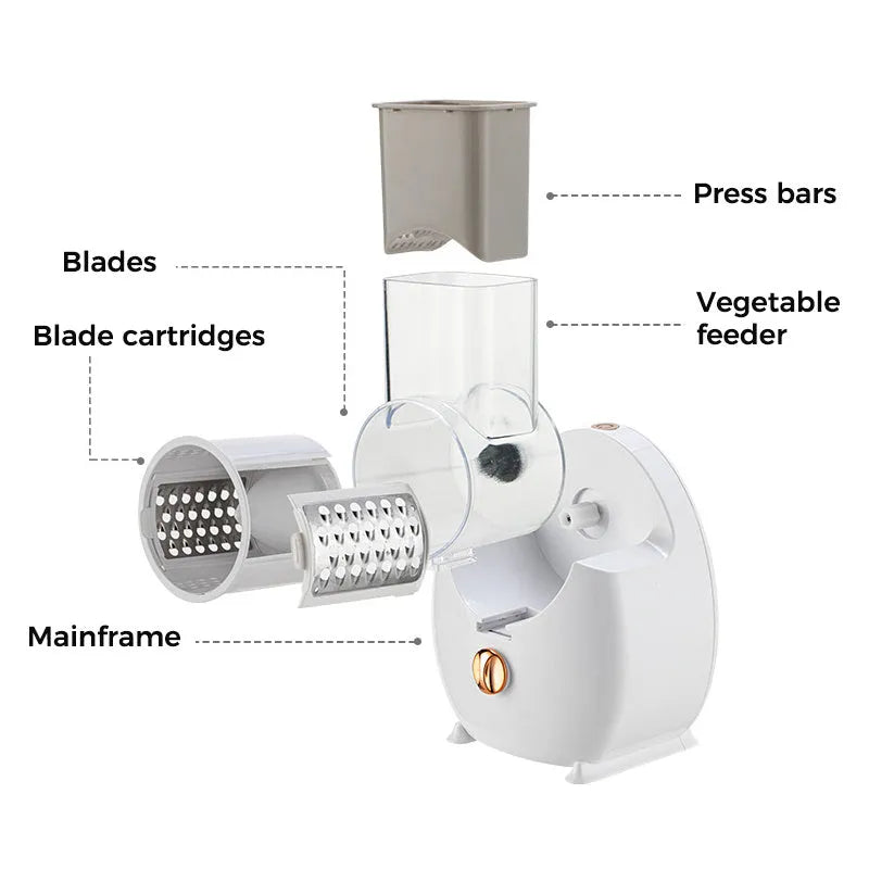 White electric vegetable slicer with suction base and multiple blades for potato and carrot cutting