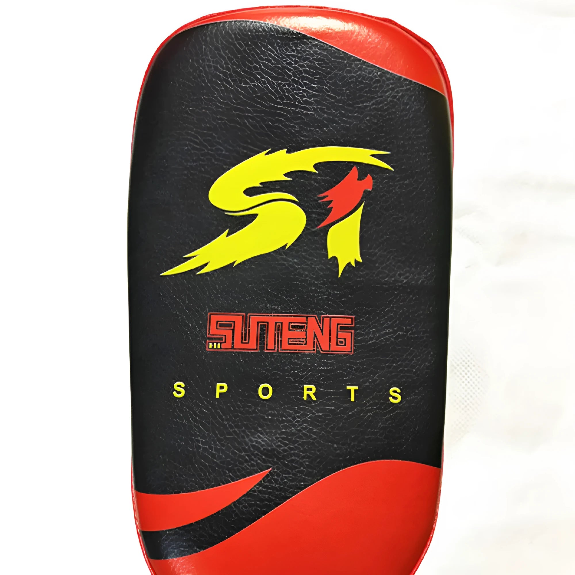 Black and red handheld boxing Sanda foot target with double buckle strap on the back.