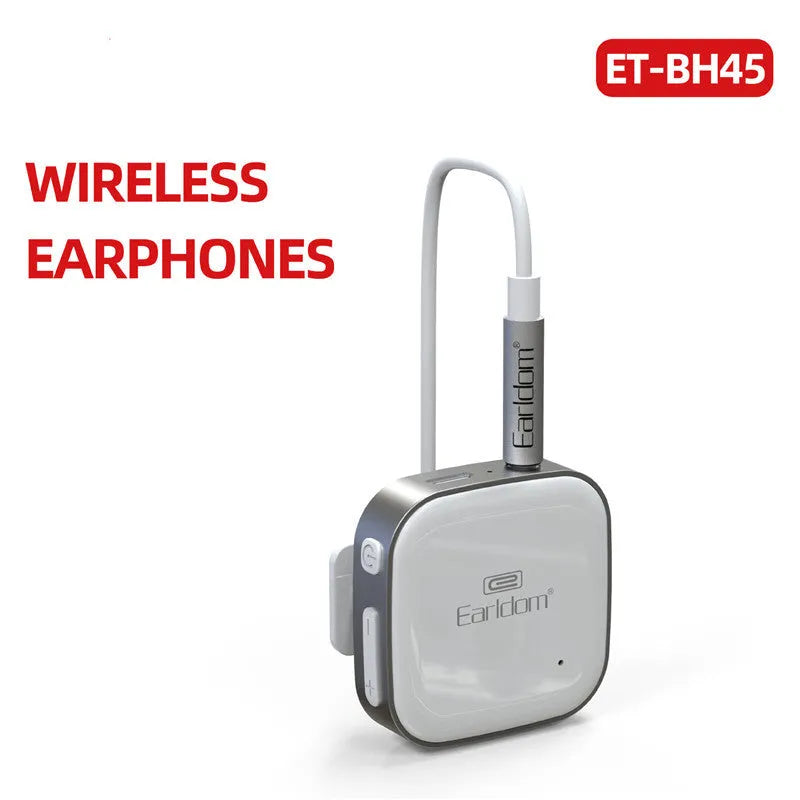 Black Bluetooth audio receiver unit for wireless headphones with lavalier earpiece