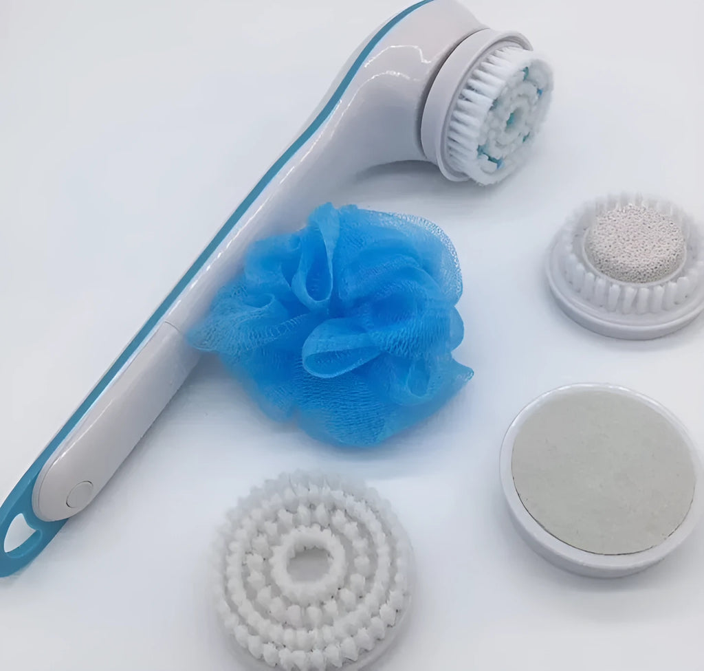 White and grey electric spin spa brush with ergonomic handle on bathroom tile surface