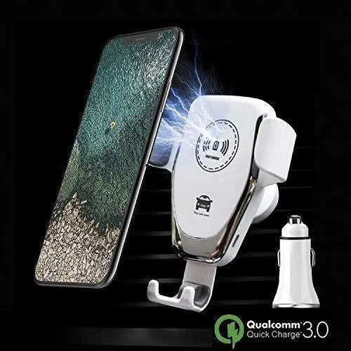 Black Qi wireless car charger mounted on a car dashboard, holding an iPhone.