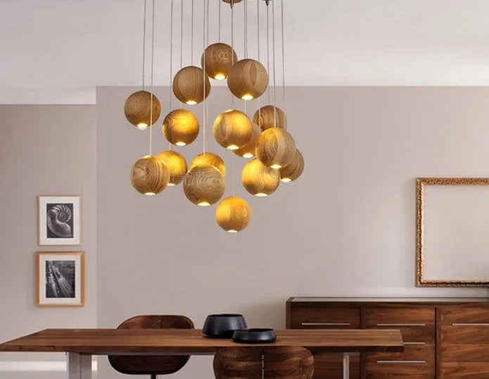 Nordic wood ball chandelier hanging light with adjustable height and wood construction