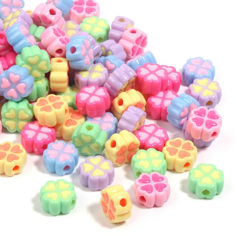 15mm frosted acrylic love clover beads in mixed colours: rose red, pink, yellow, green, blue, purple.