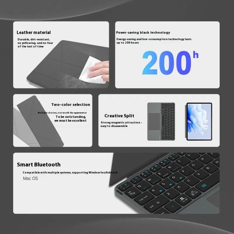 Grey folding Bluetooth wireless keyboard for phones and tablets shown folded and unfolded