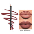 Wooden lip liner pencil showing matte finish with shade numbers 201-214 displayed