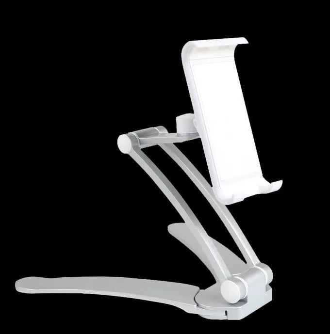 Silver aluminium alloy desktop tablet stand with adjustable white mount holding a tablet