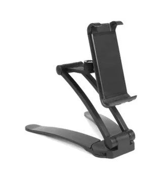 Silver aluminium alloy desktop tablet stand with adjustable white mount holding a tablet