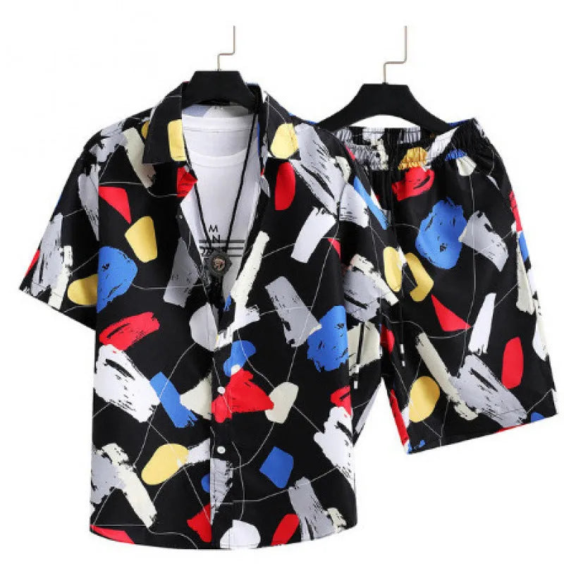 Man wearing a digitally printed short sleeve cardigan and matching shorts casual suit.