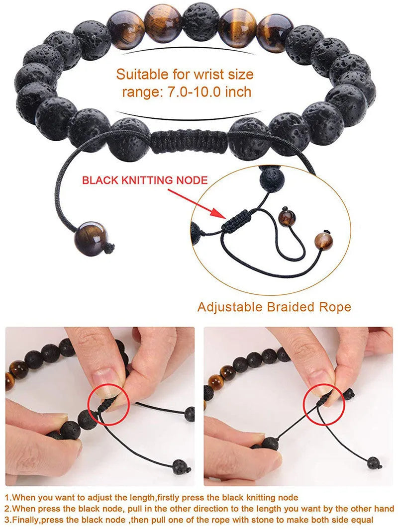 Matte black tiger eye agate couple bracelets with geometric beads