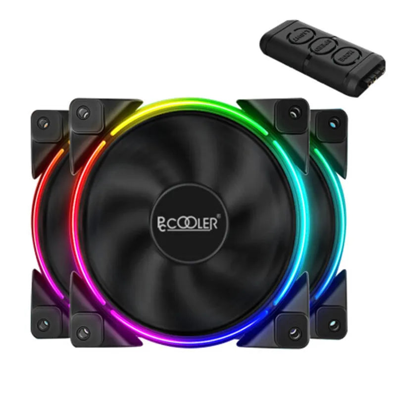 Three black 12cm computer case fans with RGB lights and hydraulic bearings.