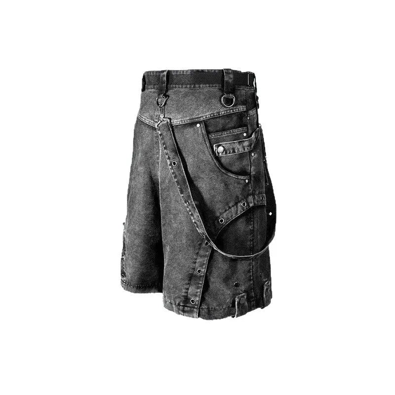 Retro high street loose washed denim shorts with high waist and fifth pants length