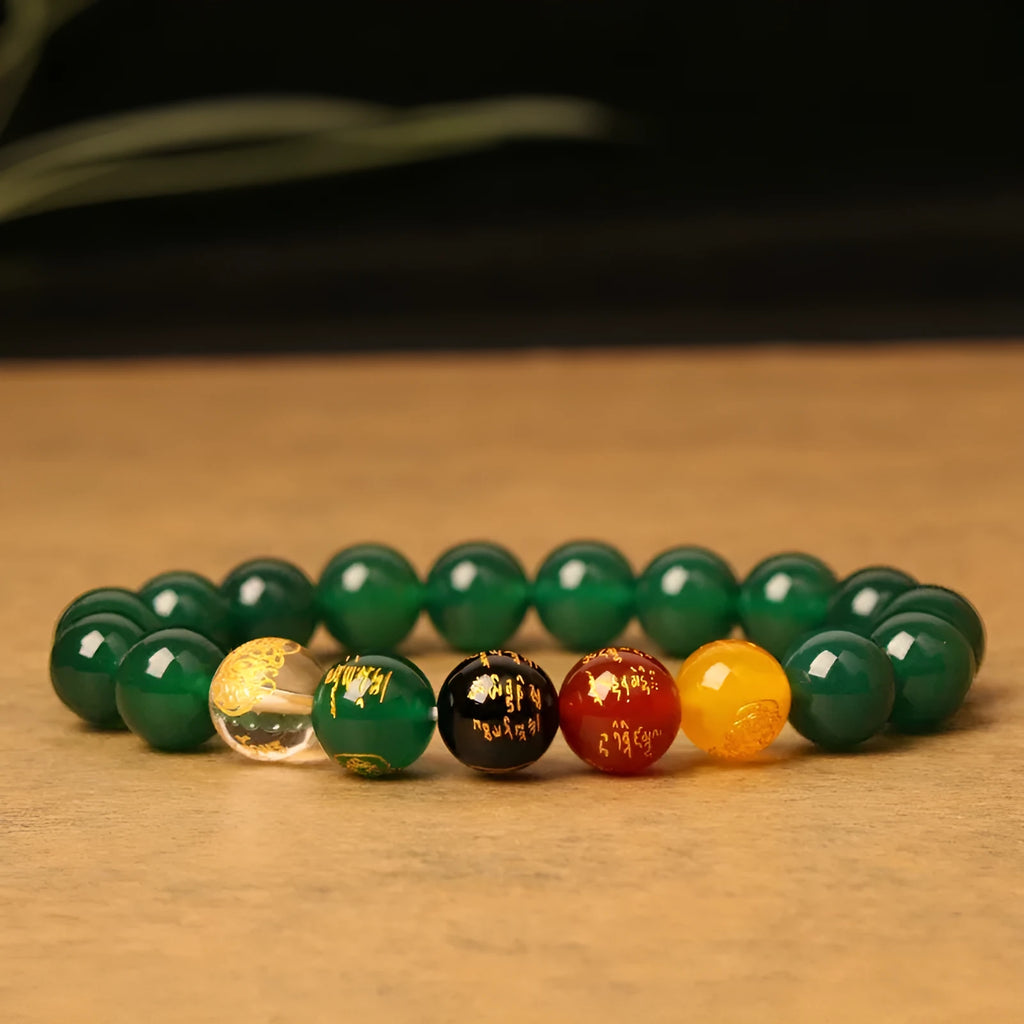 Agate Five Gods Of Wealth bracelet with 10mm round carved lettering beads in Chinese style