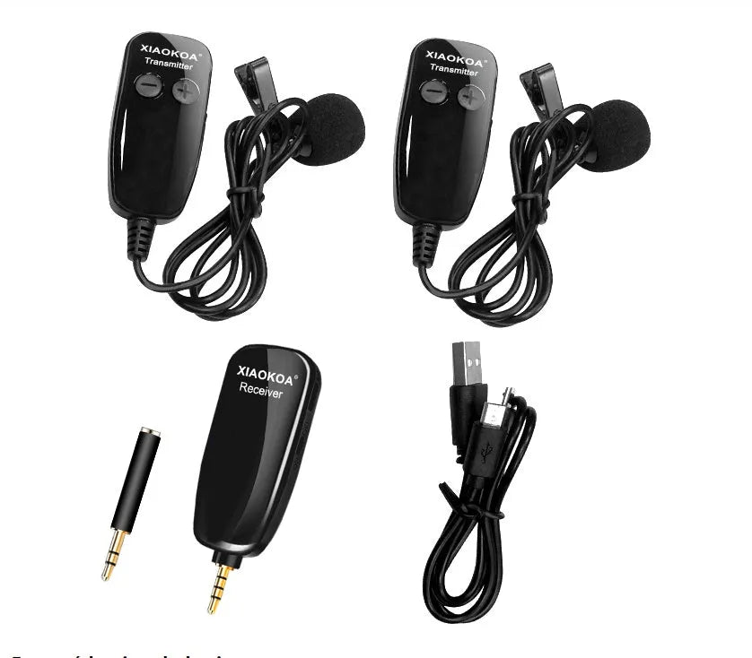 Black lavalier microphone with 3.5mm plug for mobile phones on a plain background.