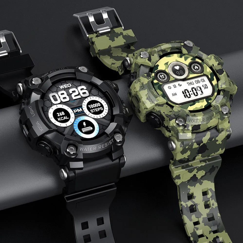 Black or Green T6 tactical rugged smart watch with 1.3-inch screen on wrist.