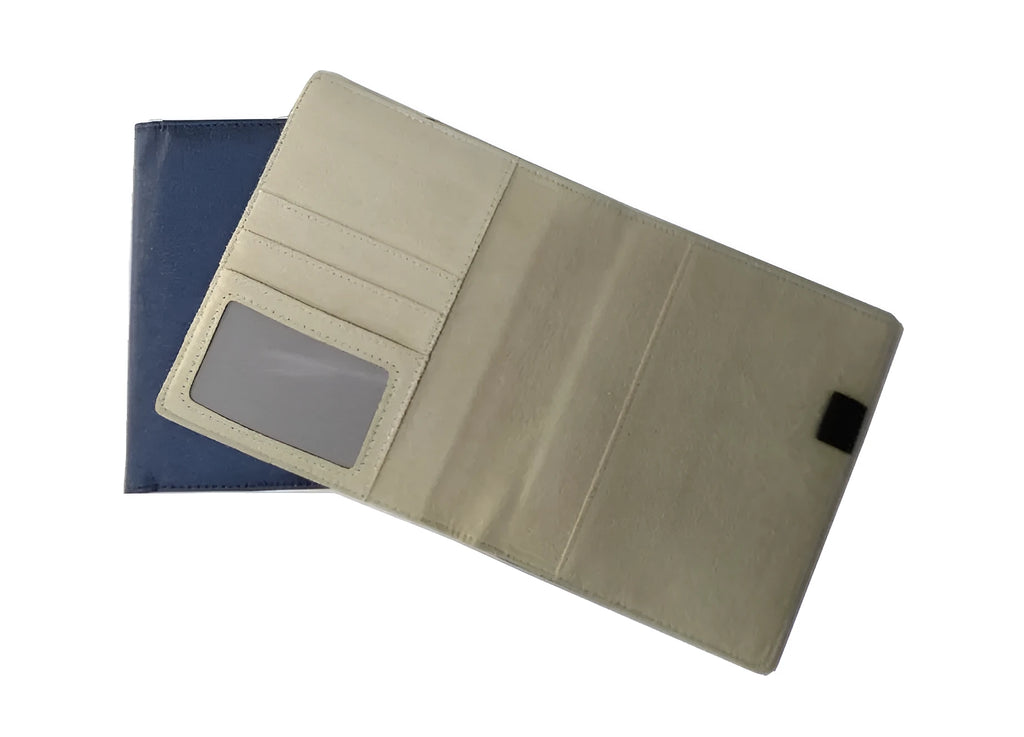 Blue imitation leather PU notebook cover shell for A5 refills, shown with protective PP bag.