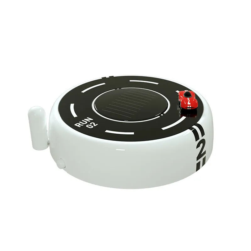 Round modern car model air freshener decoration in black, with solar panel and USB port.
