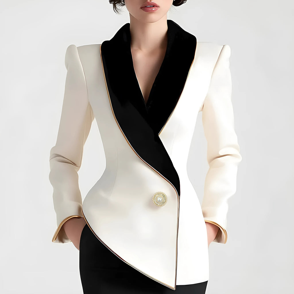 Women's irregular cut long sleeve coat with golden edge detailing and pearl buttons in milky white